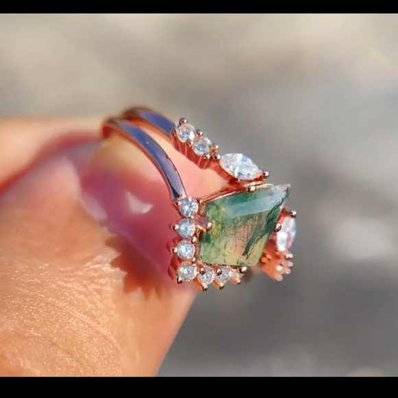14k Rose Gold Vintage Kite Moss Agate Diamond Engagement Wedding Rings - Picture 11 of 12